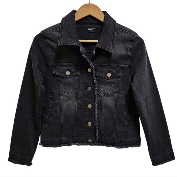 APNY Denim Jacket Women S Black Cotton Blend Graffiti Frayed Button Distressed - Picture 1 of 15
